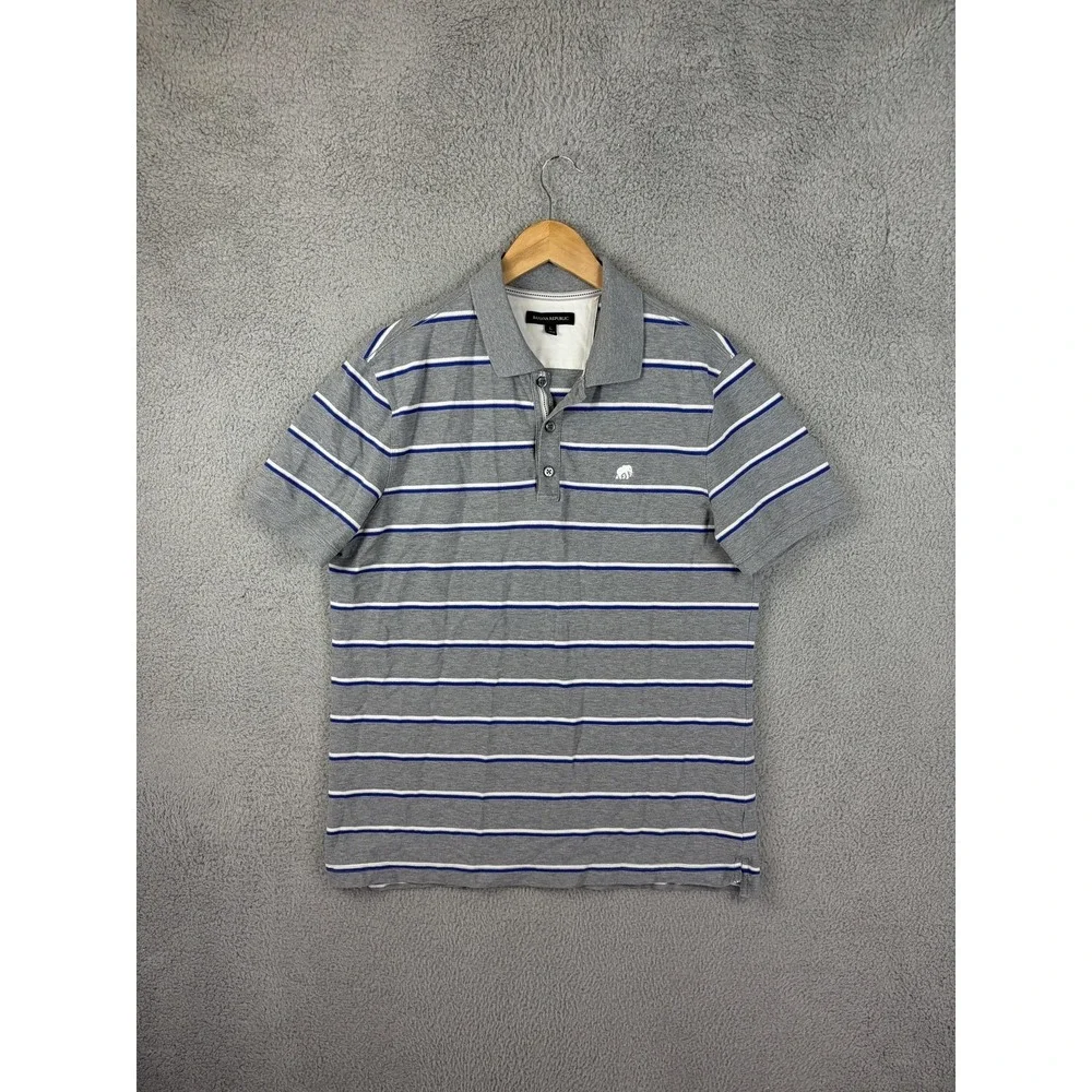 Banana Republic Polo Shirt Mens Large Gray Striped Stretch Cotton Logo Casual